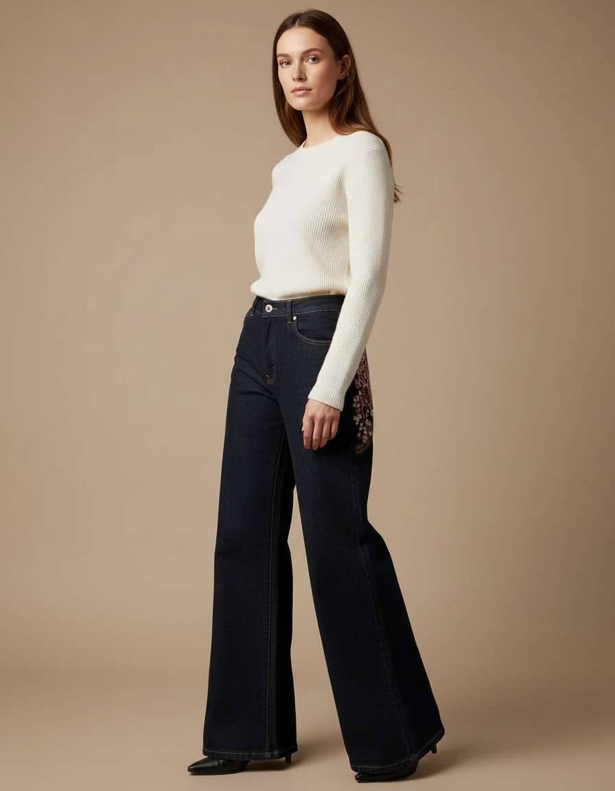 Pantalon Patte D'Éléphant Denim Foncé Brodé Floral Taille Haute - Marine Jean