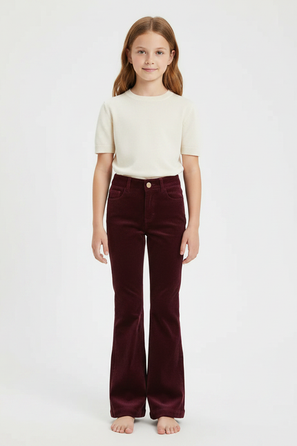 Pantalon Patte D'Éléphant Côtelé Bordeaux Taille Haute Fille - Cordé