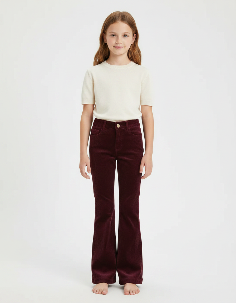 Pantalon Patte D'Éléphant Côtelé Bordeaux Taille Haute Fille - Cordé
