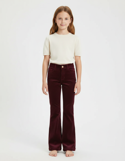 Pantalon Patte D'Éléphant Côtelé Bordeaux Taille Haute Fille - Cordé
