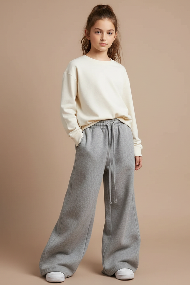 Pantalon Patte D'Éléphant Gris Ample Molleton Décontracté Cordon