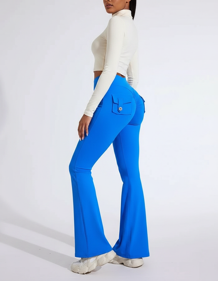Pantalon Patte D'Éléphant Bleu Électrique Taille Haute Poches Fitness - Polyester