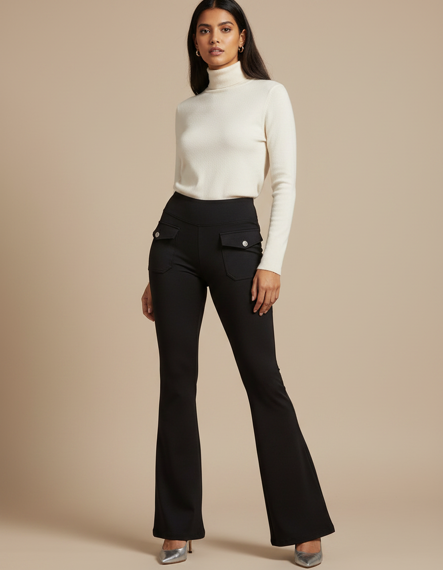 Pantalon Patte D'Éléphant Noir Taille Haute Poches Évasé - Maille