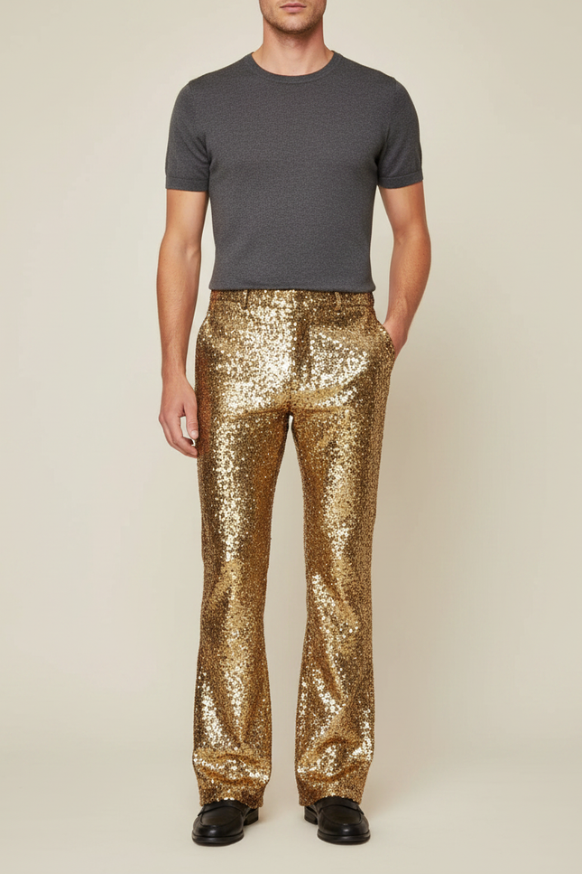 Pantalon Patte D'Éléphant Doré Pailleté Brillant Évasé Homme - Polyester