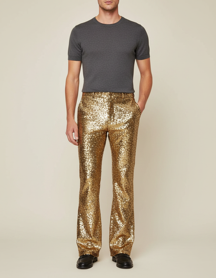 Pantalon Patte D'Éléphant Doré Pailleté Brillant Évasé Homme - Polyester