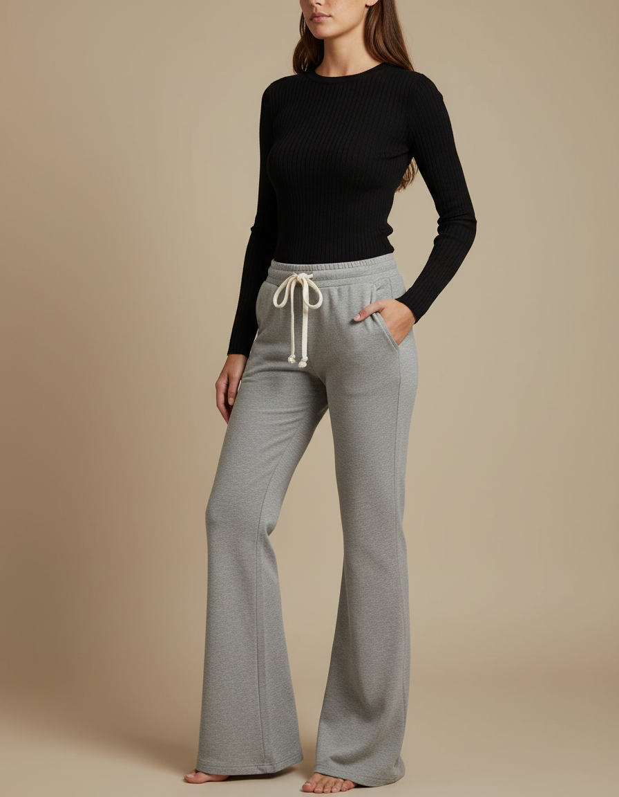 Pantalon Patte D'Éléphant Gris Cordon Confortable Évasé - Molleton