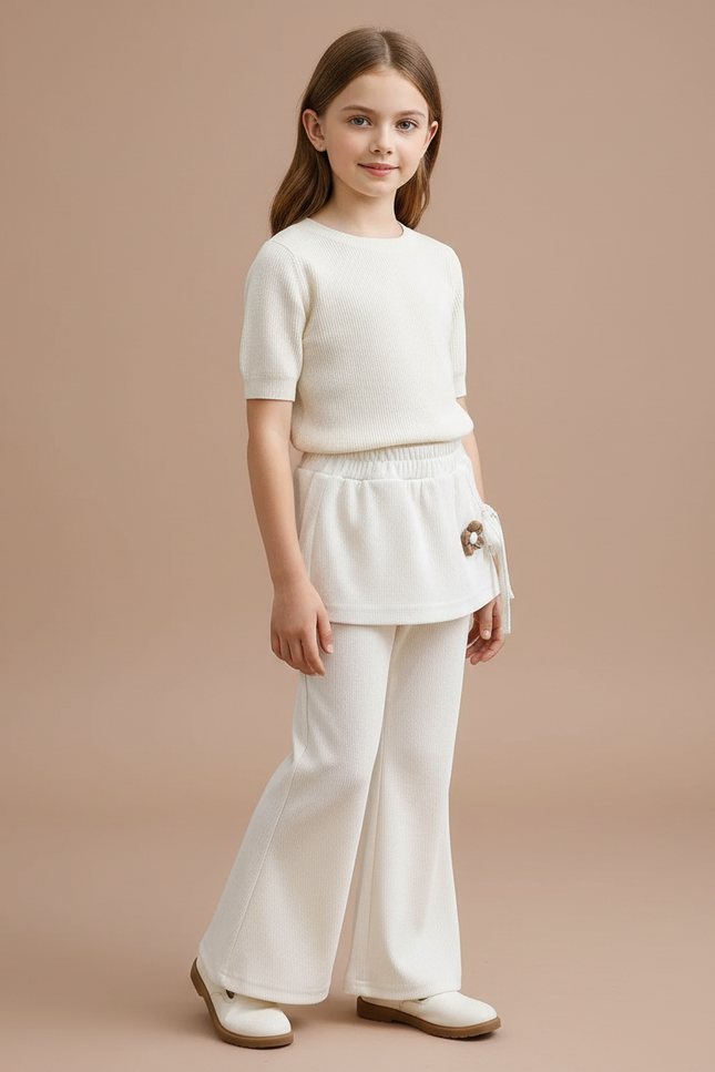 Pantalon Patte D'Éléphant Crème Côtelé Évasé Confortable Enfant - Blanc Maille