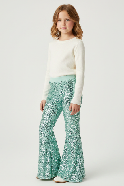Pantalon Patte D'Éléphant Paillettes Vert Menthe Évasé Fille - Polyester