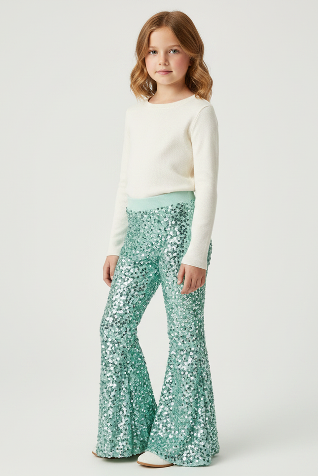Pantalon Patte D'Éléphant Paillettes Vert Menthe Évasé Fille - Polyester