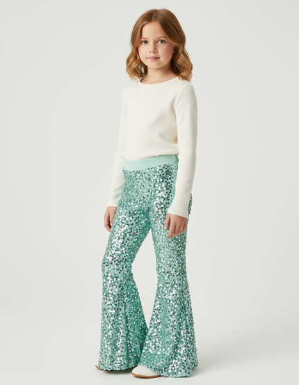 Pantalon Patte D'Éléphant Paillettes Vert Menthe Évasé Fille - Polyester