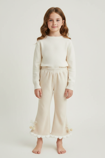 Pantalon Patte D'Éléphant Crème Tricot Pompons Fille Confortable - Beige Maille