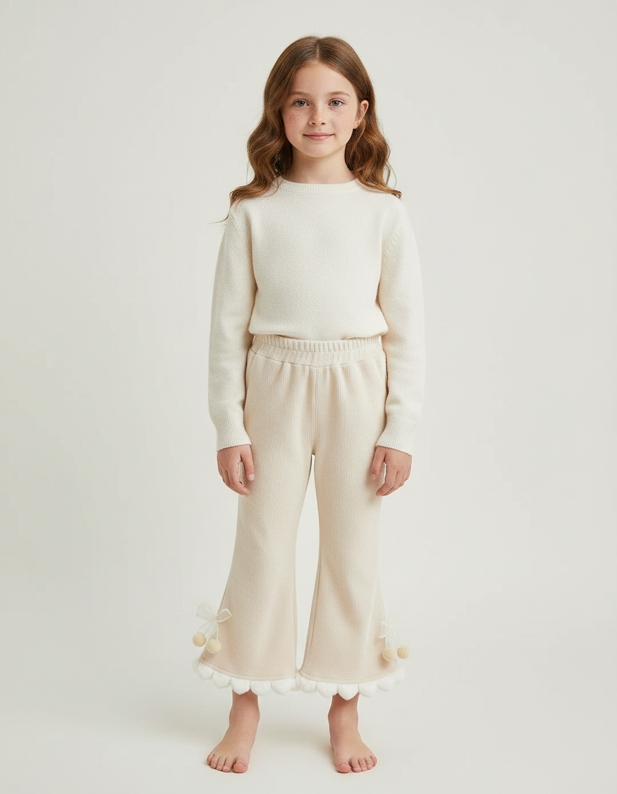 Pantalon Patte D'Éléphant Crème Tricot Pompons Fille Confortable - Beige Maille
