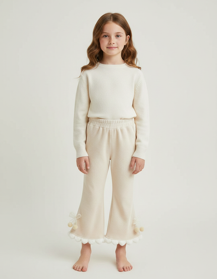 Pantalon Patte D'Éléphant Crème Tricot Pompons Fille Confortable - Beige Maille