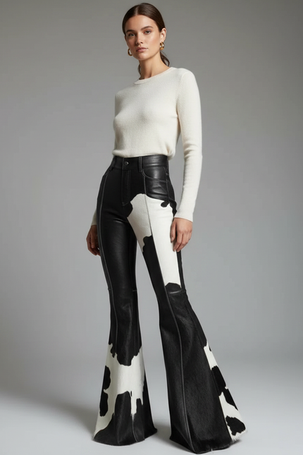 Pantalon Patte D'Éléphant Noir Blanc Imprimé Vache Cuir Évasé
