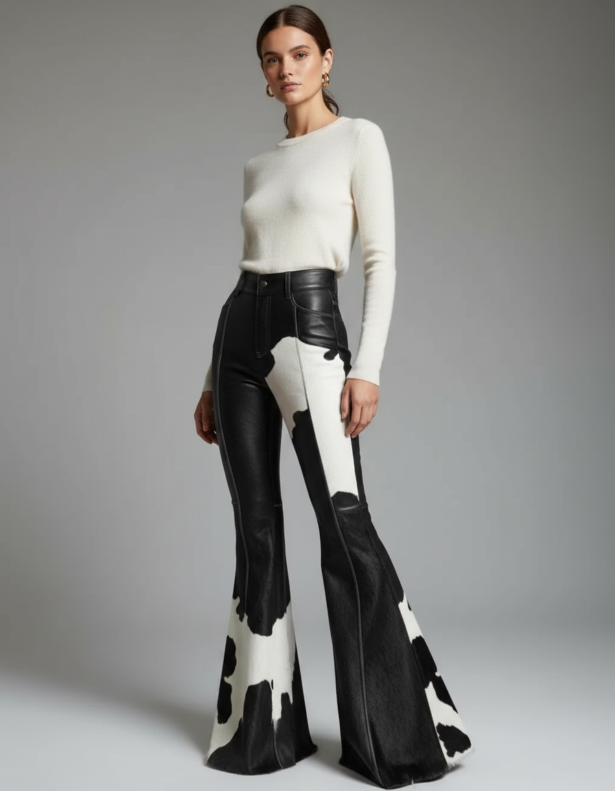 Pantalon Patte D'Éléphant Noir Blanc Imprimé Vache Cuir Évasé