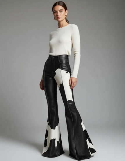 Pantalon Patte D'Éléphant Noir Blanc Imprimé Vache Cuir Évasé