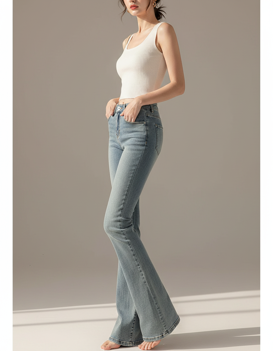 Pantalon Patte D'Éléphant Bleu Denim Taille Haute Évasé Élégant - Jean