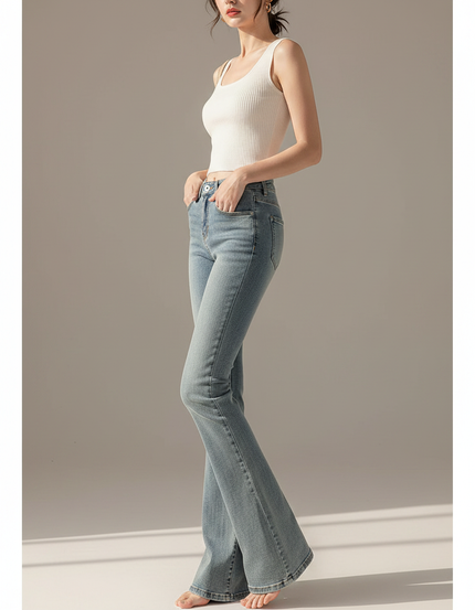 Pantalon Patte D'Éléphant Bleu Denim Taille Haute Évasé Élégant - Jean