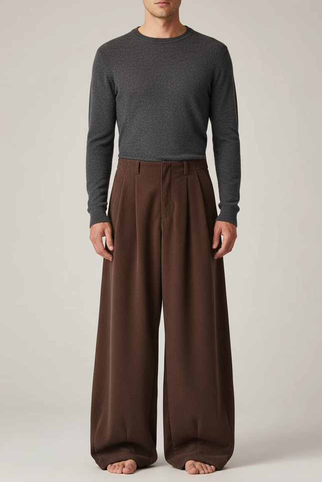Pantalon Patte D'Éléphant Marron Côtelé Ample Décontracté Homme - Cordé