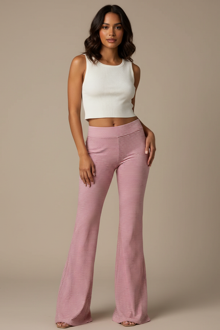 Pantalon Patte D'Éléphant Rayé Rouge Blanc Taille Haute Évasé - Maille