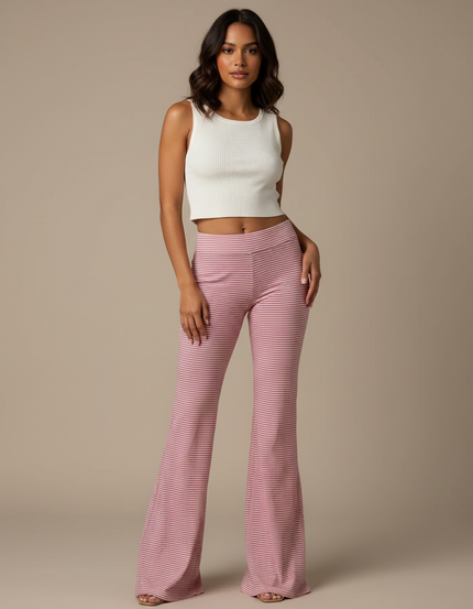 Pantalon Patte D'Éléphant Rayé Rouge Blanc Taille Haute Évasé - Maille