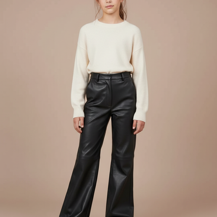Pantalon Patte D'Éléphant Noir Similicuir Taille Haute Décontracté - Simili cuir