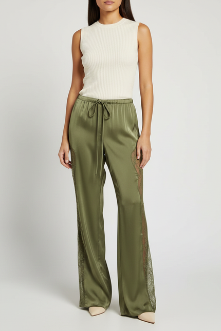 Pantalon Patte D'Éléphant Vert Satiné Dentelle Fluide Élégant