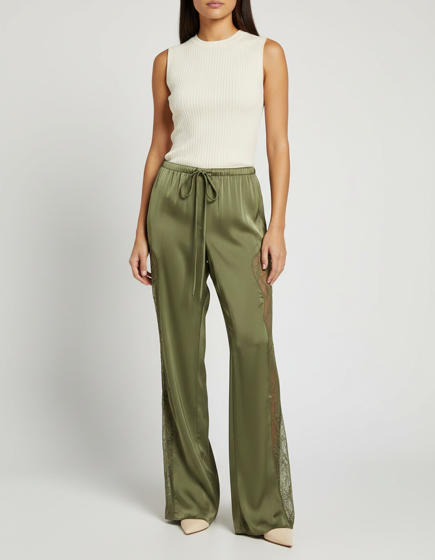 Pantalon Patte D'Éléphant Vert Satiné Dentelle Fluide Élégant