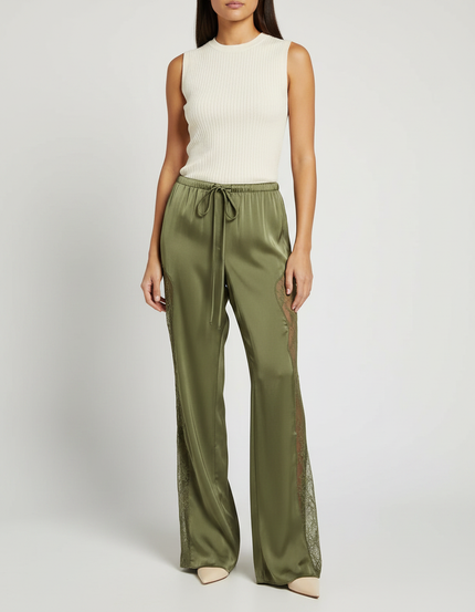 Pantalon Patte D'Éléphant Vert Satiné Dentelle Fluide Élégant