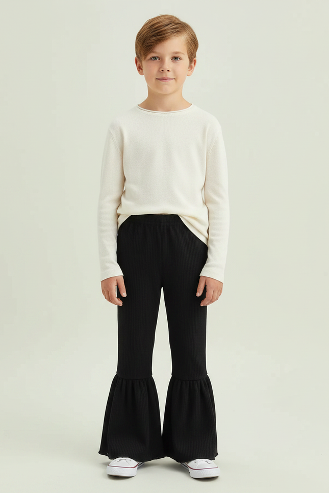 Pantalon Patte D'Éléphant Noir Côtelé Volants Élastique Enfants - Maille