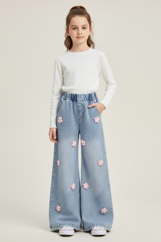 Pantalon Patte D'Éléphant Large Délavé Floral Fille Denim - Bleu Jean