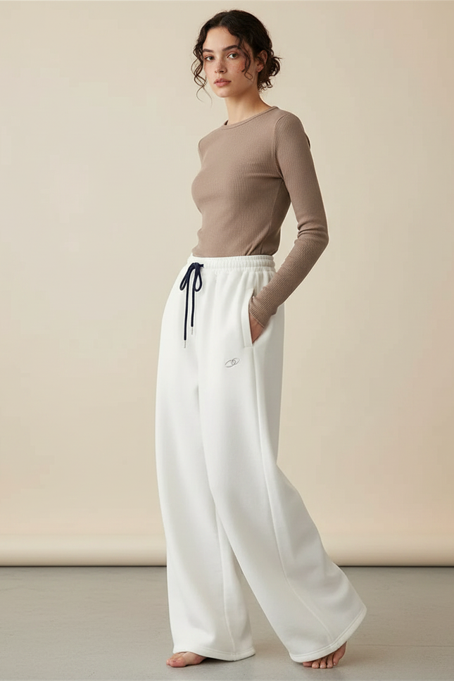 Pantalon Patte D'Éléphant Blanc Ample Molletonné Décontracté Brodé