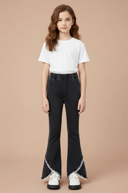 Pantalon Patte D'Éléphant Denim Noir Évasé Volants Fille - Jean