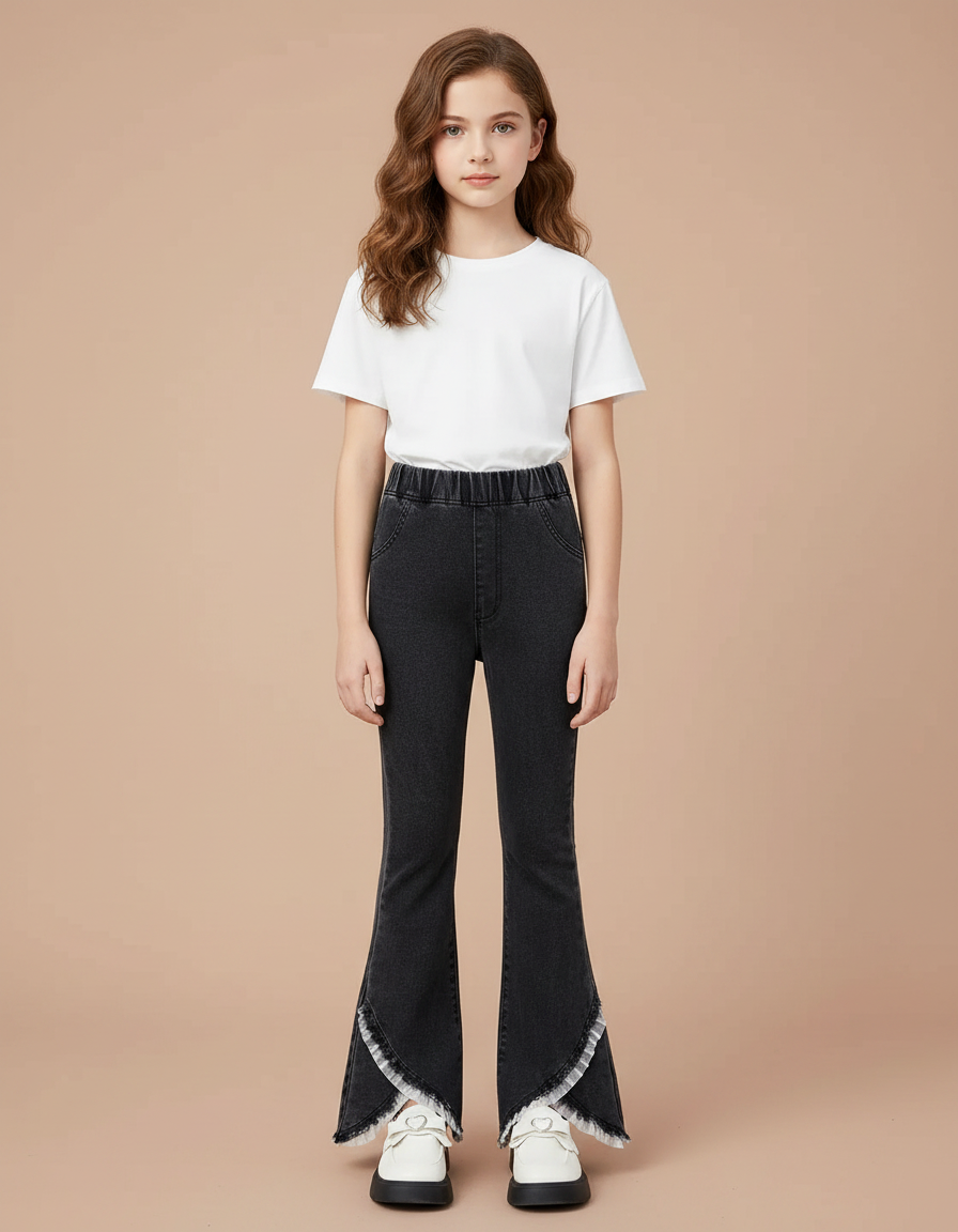 Pantalon Patte D'Éléphant Denim Noir Évasé Volants Fille - Jean