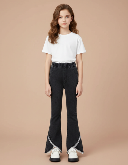 Pantalon Patte D'Éléphant Denim Noir Évasé Volants Fille - Jean