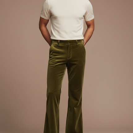 Pantalon Patte D'Éléphant Velours Vert Olive Homme Décontracté