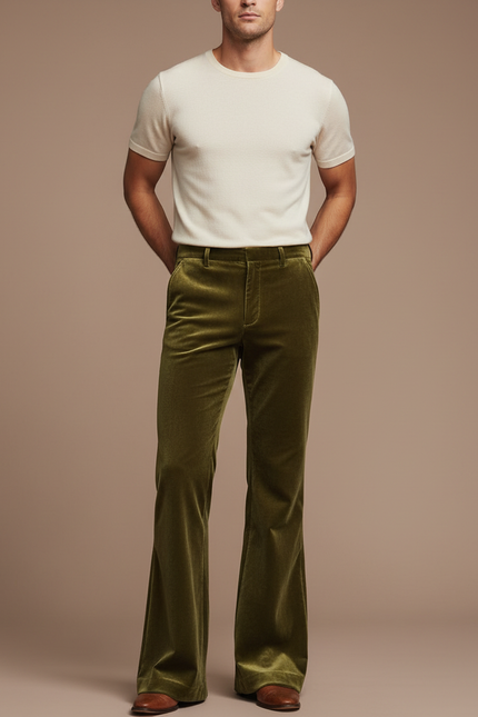Pantalon Patte D'Éléphant Velours Vert Olive Homme Décontracté