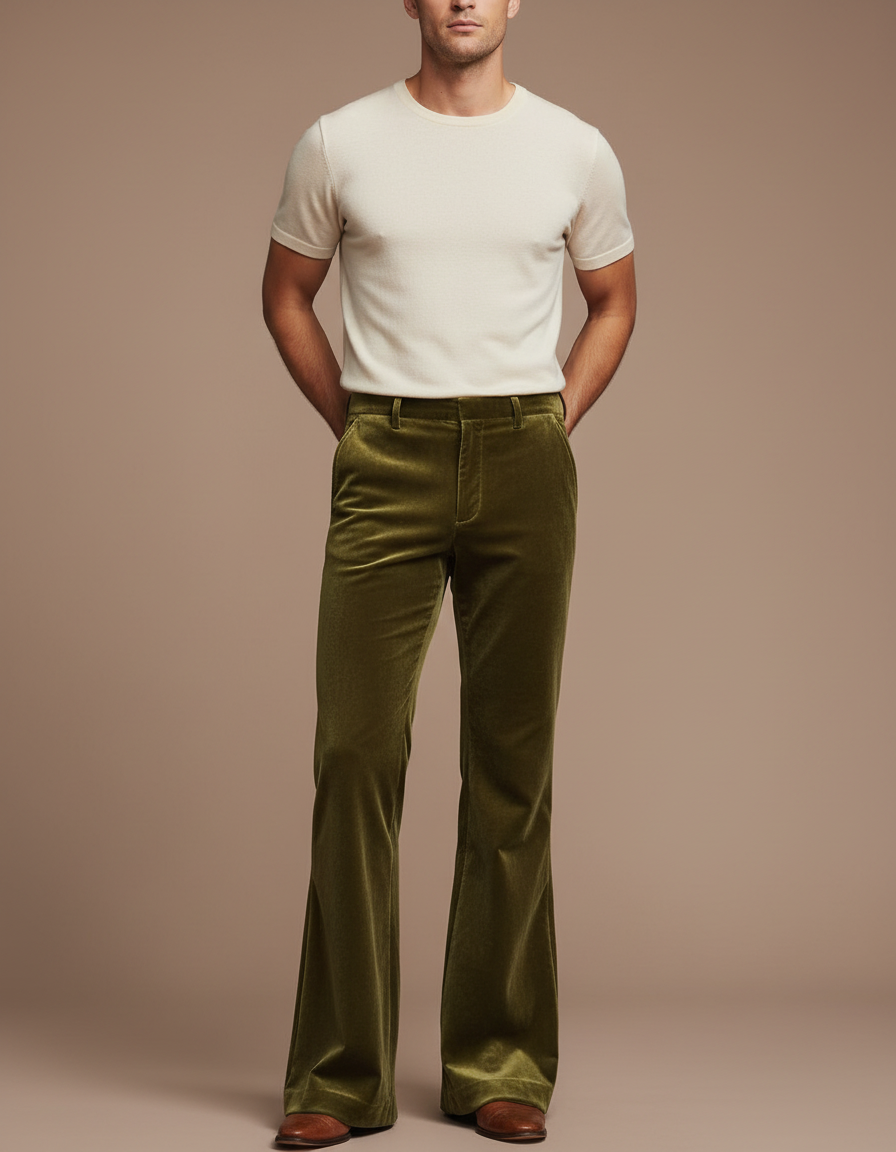 Pantalon Patte D'Éléphant Velours Vert Olive Homme Décontracté
