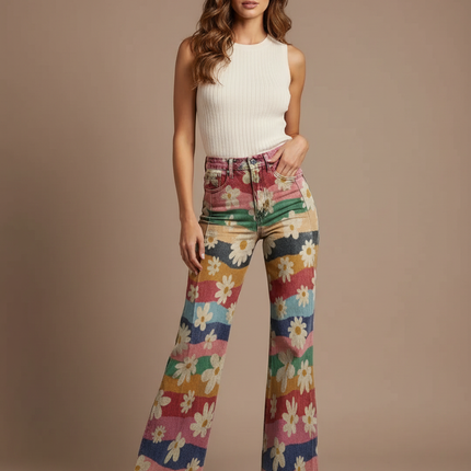Pantalon Patte D'Éléphant Coloré Fleuri Taille Haute Vintage - Multicolore Jean