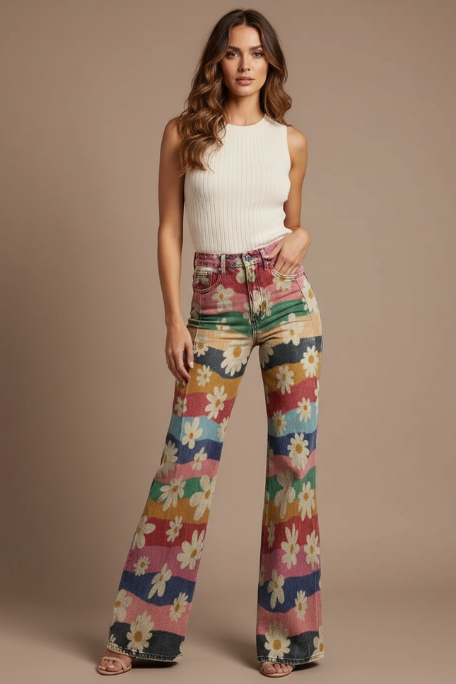 Pantalon Patte D'Éléphant Coloré Fleuri Taille Haute Vintage - Multicolore Jean