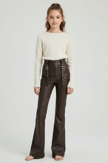 Pantalon Patte D'Éléphant Marron Similicuir Évasé Boucles Fille - Simili cuir
