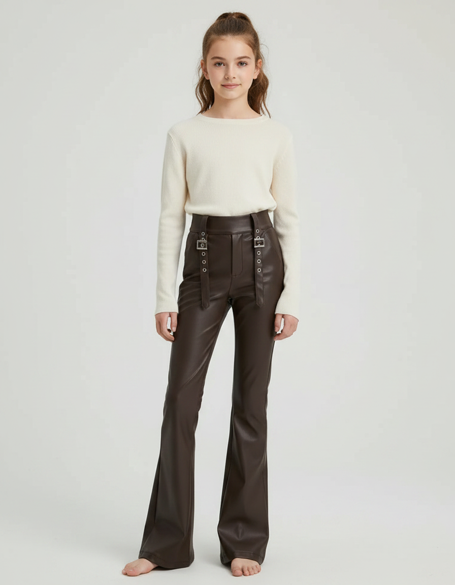 Pantalon Patte D'Éléphant Marron Similicuir Évasé Boucles Fille - Simili cuir