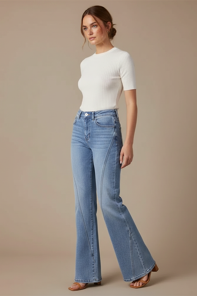 Pantalon Patte D'Éléphant Jean Bleu Clair Décontracté Évasé