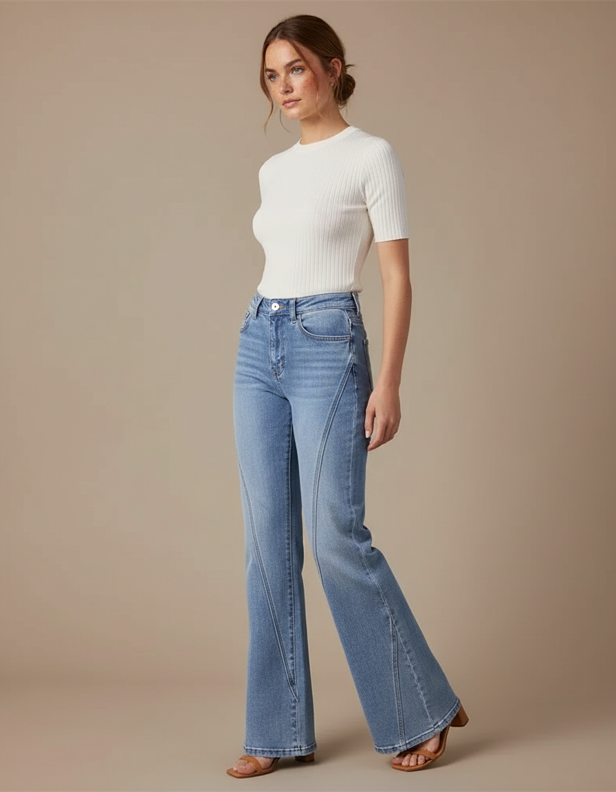 Pantalon Patte D'Éléphant Jean Bleu Clair Décontracté Évasé