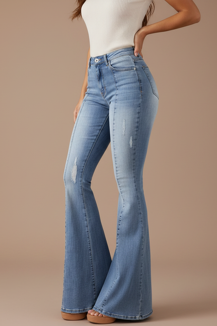 Pantalon Patte D'Éléphant Bleu Délavé Taille Haute Déchiré - Jean