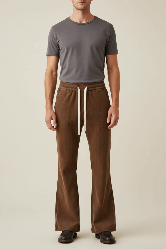 Pantalon Patte D'Éléphant Côtelé Marron Décontracté Homme Ample - Cordé