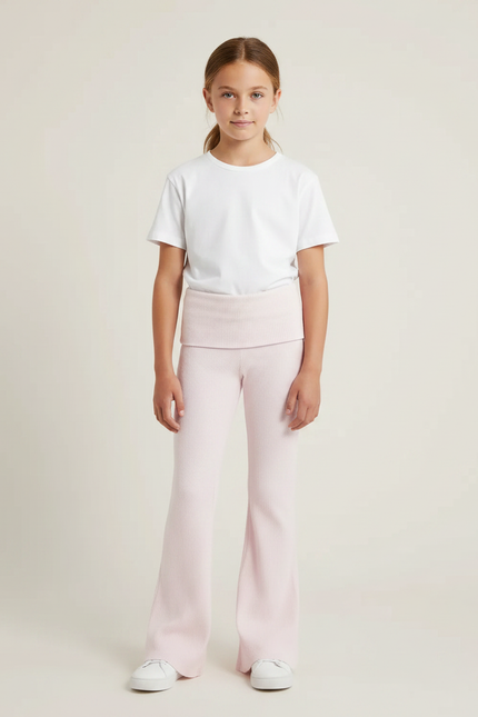 Pantalon Patte D'Éléphant Rose Côtelé Évasé Confortable Fille - Maille