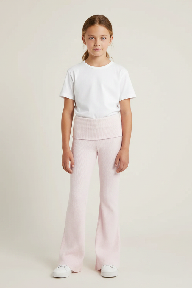 Pantalon Patte D'Éléphant Rose Côtelé Évasé Confortable Fille - Maille