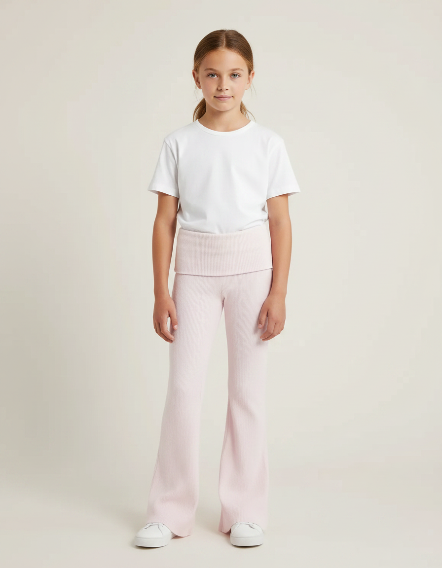 Pantalon Patte D'Éléphant Rose Côtelé Évasé Confortable Fille - Maille