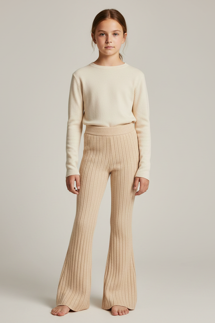 Pantalon Patte D'Éléphant Beige Tricot Côtelé Évasé Confortable - Maille